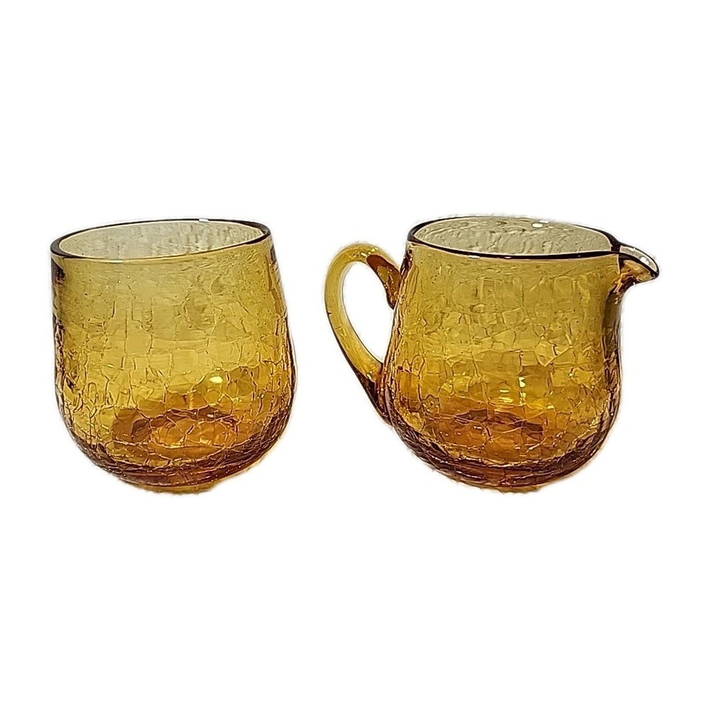Blenko style Set of 2 Tumbler & Creamer Amber Crackle Glass MCM 3.5 Inches EUC